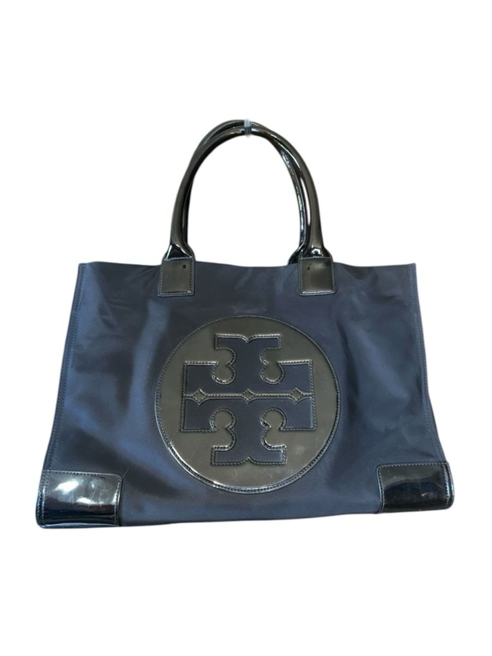 Tory Burch Ella Nylon Medium Patent Leather Logo Black Tote Purse Bag - Picture 5 of 14